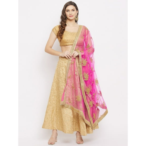 eloria Woman's Indian Ethnic Chunni, Net Embroidered Golden Dupatta, Stole, Scarf Shawl Wrap