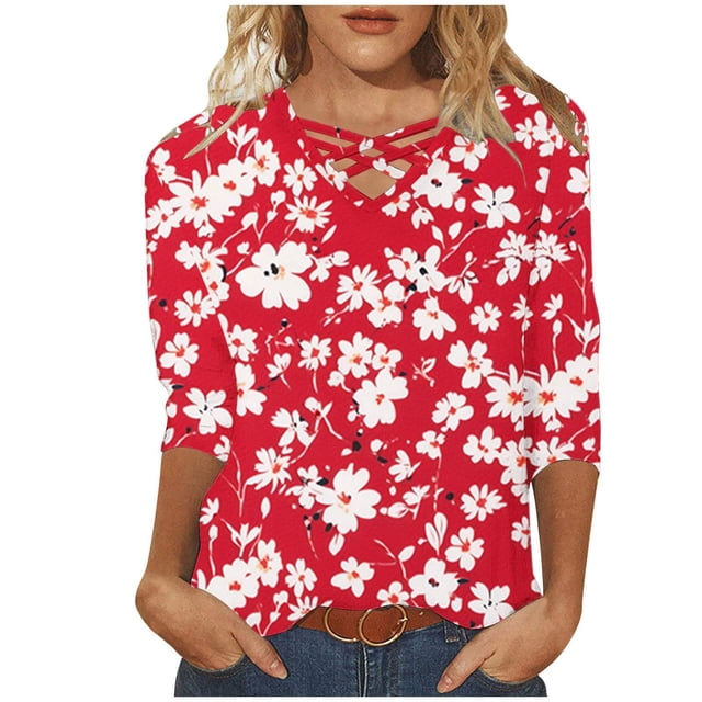 QIPOPIQ Hauts d'Été pour Femmes Col en V Croisé Manches 3/4 T-shirt à Imprimé Floral Liquidation
