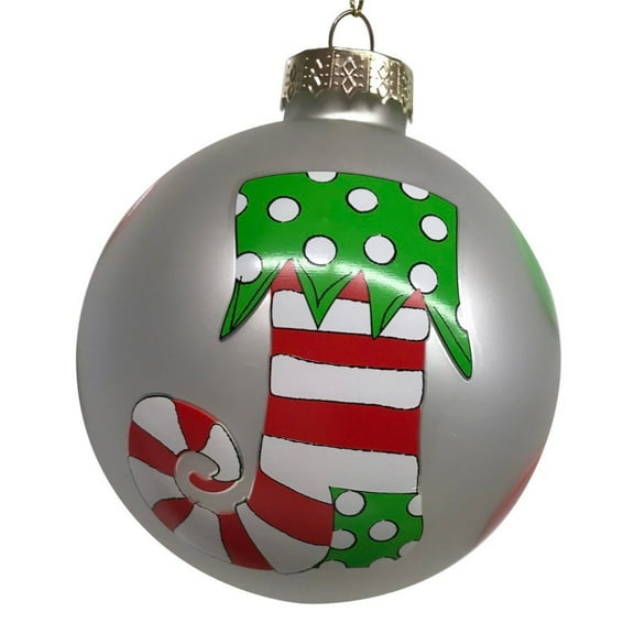 Christmas Ornament With Holiday Icons and Polka Dots Blown Glass 3.75 Inch Diameter Stocking