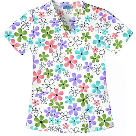 Shaped V-Neck Scrub Top, Daisy Stencil Print