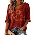 thumbnail image 5 of Sweatshirt for Women Oversized V Neck Vintage Broom Witch Moon Graphic 3/4 Sleeve Pullover Casual Fall Halloween Party Top Red L, 5 of 5