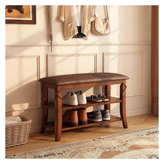 Solid Wood Shoe Rack with Seat, 2-Tier Entryway Shoe Organizer