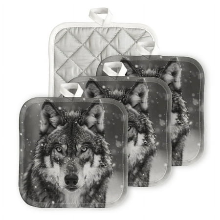 

Bahomeck Pot Holder 4Pcs Majestic Wolf In The Snow Square Heat Resistant Hot Pads For Kitchen Cooking Oven With Hanging Loop Potholder Easy To Store