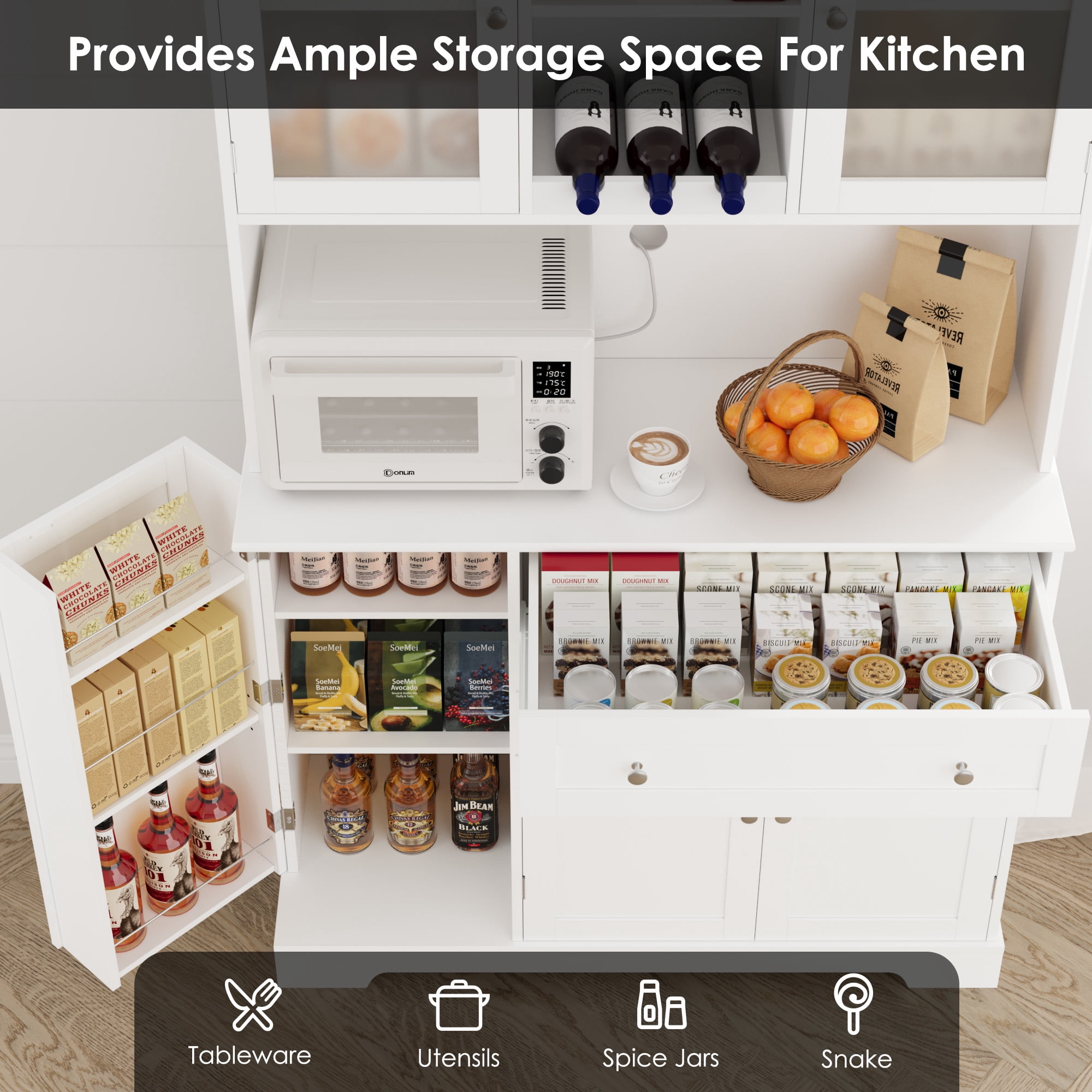 Homfa Kitchen Cabinet with Food Shelf, 5 Doors Floor Cupboard with Drawers and Countertop, 68'' Storage Pantry for Dining Room, White