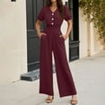 thumbnail image 4 of Staron Women's Casual Short Sleeve Jumpsuit Button V-Neck Wide Leg Romper Pants with Pockets Solid Color Comfy Relaxed Summer, Wine XXL, 4 of 7
