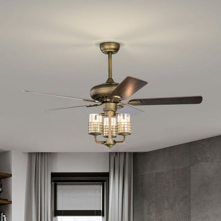 

52 Bronze Metal 3 Lights Ceiling Fan with 5 Wood Blades Multi-Speed Adjustable Height AC Motor，Remote Control Reversible Airflow Traditional Ceiling Fan