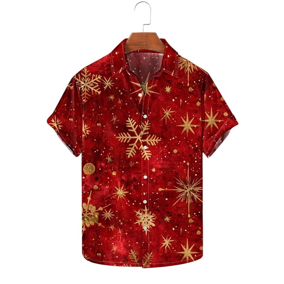 KeShDi Christmas Flannel Shirt for Men Christmas Printed Hort Sleeve Turndown Collar Blouse Red 4X