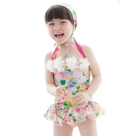 Girls' Swimsuit Decorative Flowers One-piece Bathing Suits Halter Swimwear for Beach or Pool