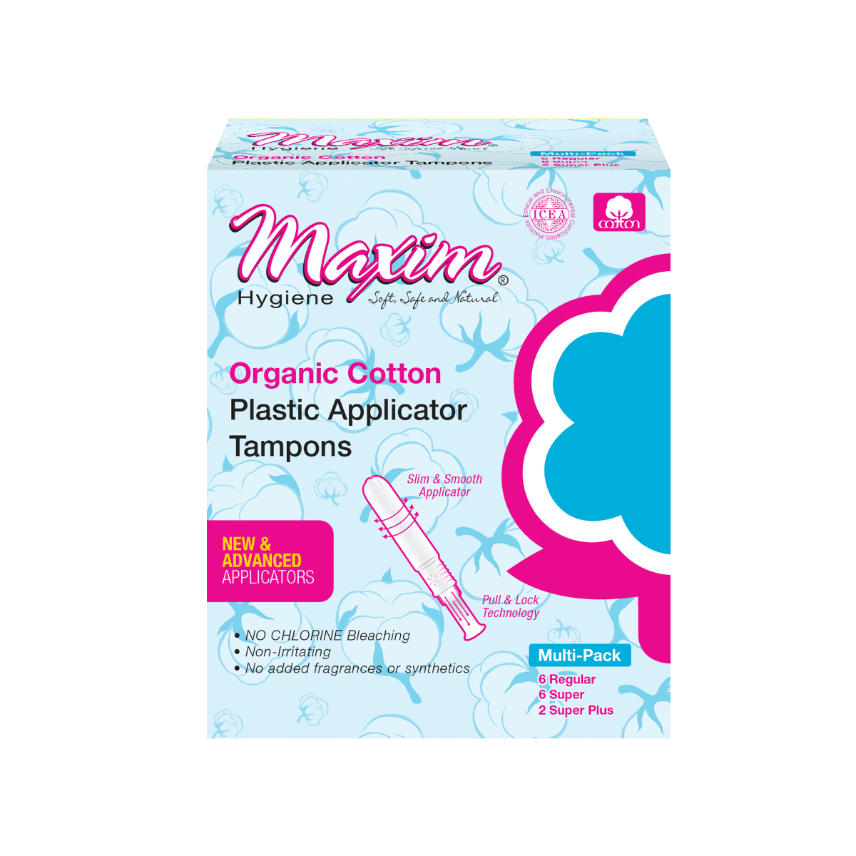 Maxim Organic Cotton Tampons, Plastic Applicator Tampon, Multipack