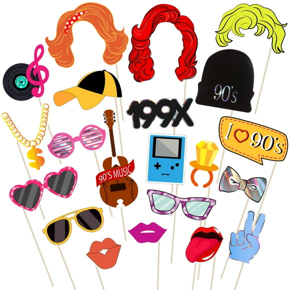 CIMAXIC Accessoires de Photomaton Tinksky 21 Pcs Accessoires de Photomaton Amusants des Années 90 avec Bâtons en Bois Fournitures de Décoration de Fête Créatives,15.75"X10.24"X0.08 Pouces