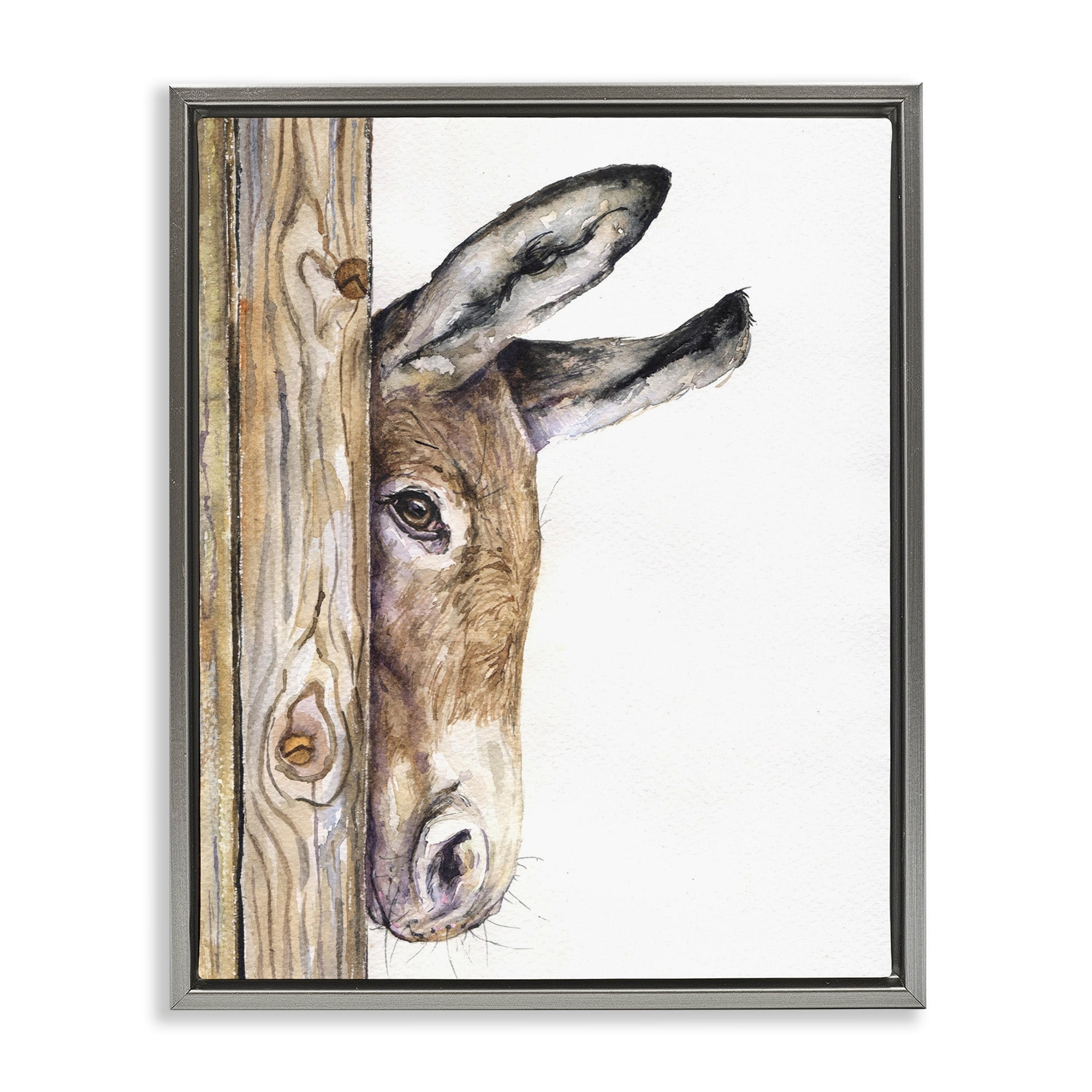 Stupell Industries Cute Baby Donkey Animal Brown Watercolor Painting Luster Gray Framed Floating Canvas Wall Art, 24x30, by George Dyachenko