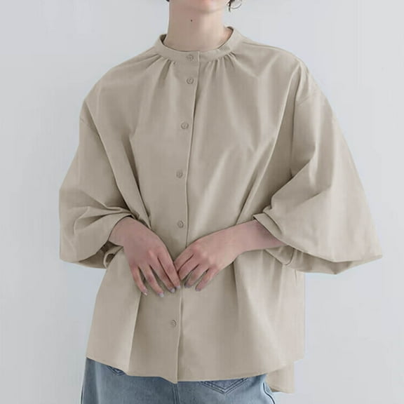 LADIGASU Women's Casual Buttoned 3/4 Sleeve Round-Neck Blouses Shirts