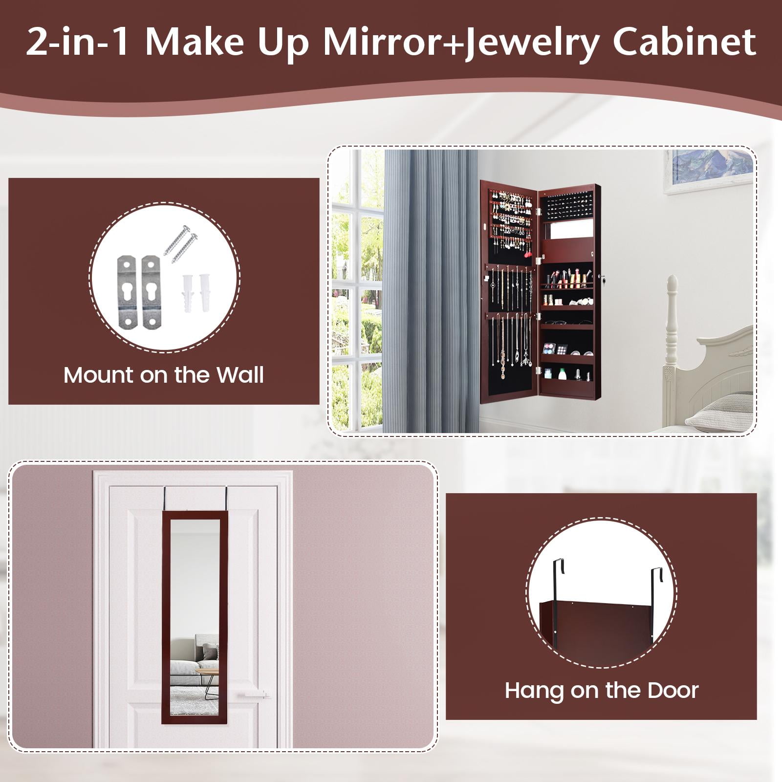 Giantex LED Jewelry Cabinet Wall Door Mounted, Lockable Jewelry Armoire w/Full Length Mirror, Cosmetics Tray, Brush Holders, Build-in Makeup Mirror for Women Girls (Brown)