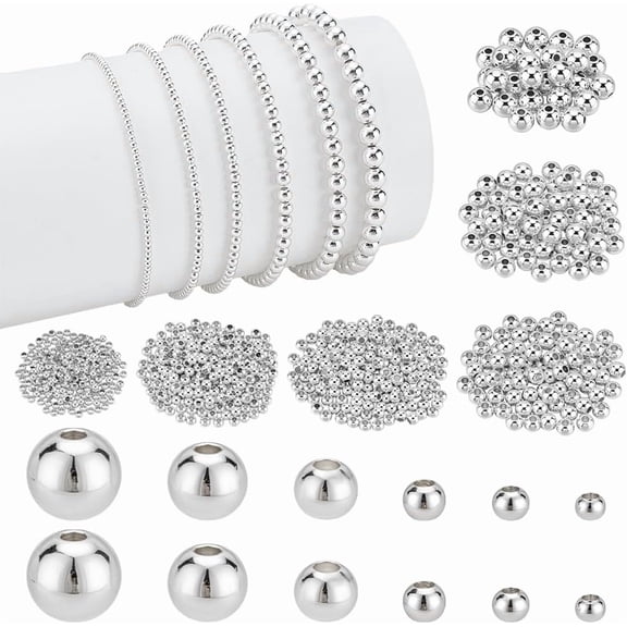 590pcs 6 Sizes Round Spacer Beads Silver Metal Beads Seamless Ball Bead Tiny Smooth Beads for DIY handcrafting