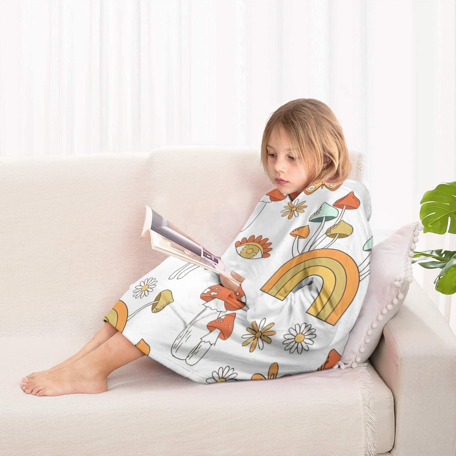 Red Mushroom Rainbow White Pattern Blanket Hoodies for Kids 6-13YR Oversize Wearable Blanket Hoodies for Boys Girls Teens