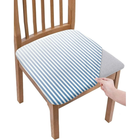 Chair Seat Covers,Blue and White Pinstripe Gradient Art Stripes Stretch Removable Seat Covers for Dining Chairs,Soft Dining Room Seat Cover Set of 4