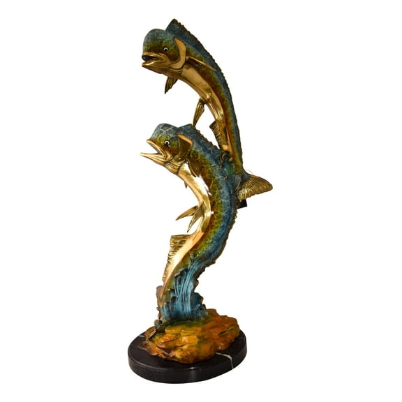 Nifao Impressive Pair of Dorado Mahi Mahi Fish Bronze Statue – Home Decor Sculpture, 20"L x 18"W x 42"H
