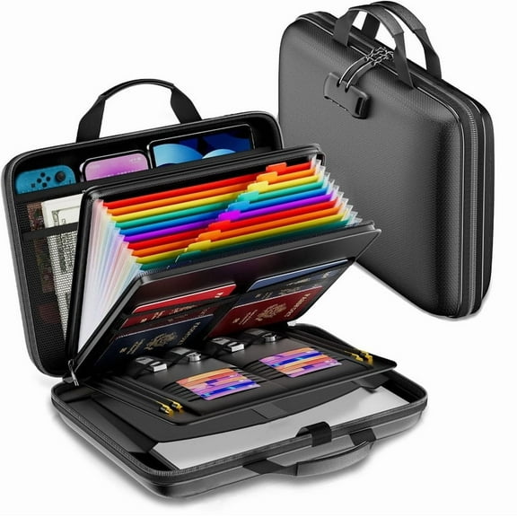 Fireproof File Organizer with Lock, Water Resistant Hard-Shell Case with 13 Pocket Accordion File Folder, Portable Document Organizer for Letter A4 Files Laptop Passports