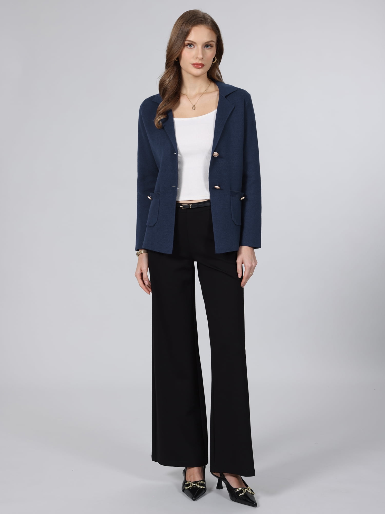 DARING DIVA Women's Sweater Blazer Lapel Knit Pockets Blazer XL Navy Blue