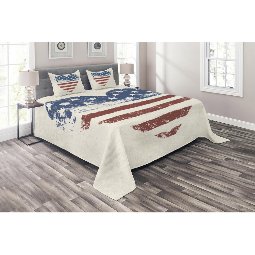 Americana Coverlet Set, Patriotic America USA Flag Heart Shaped Stars