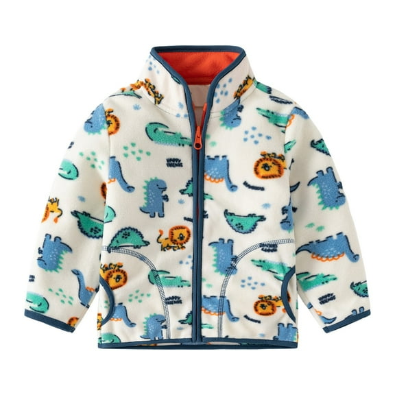 Lkhaha Girls Jacket Baby Boys Polar Warm Zipper Stand Collar With Pocket Dinosaur Print Long Sleeve Stand Collar Coat Size 2-4 Years