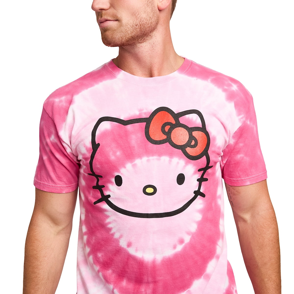 Hello Kitty Character Face Men's Pink Spiral Tie-Dye Crew Neck
