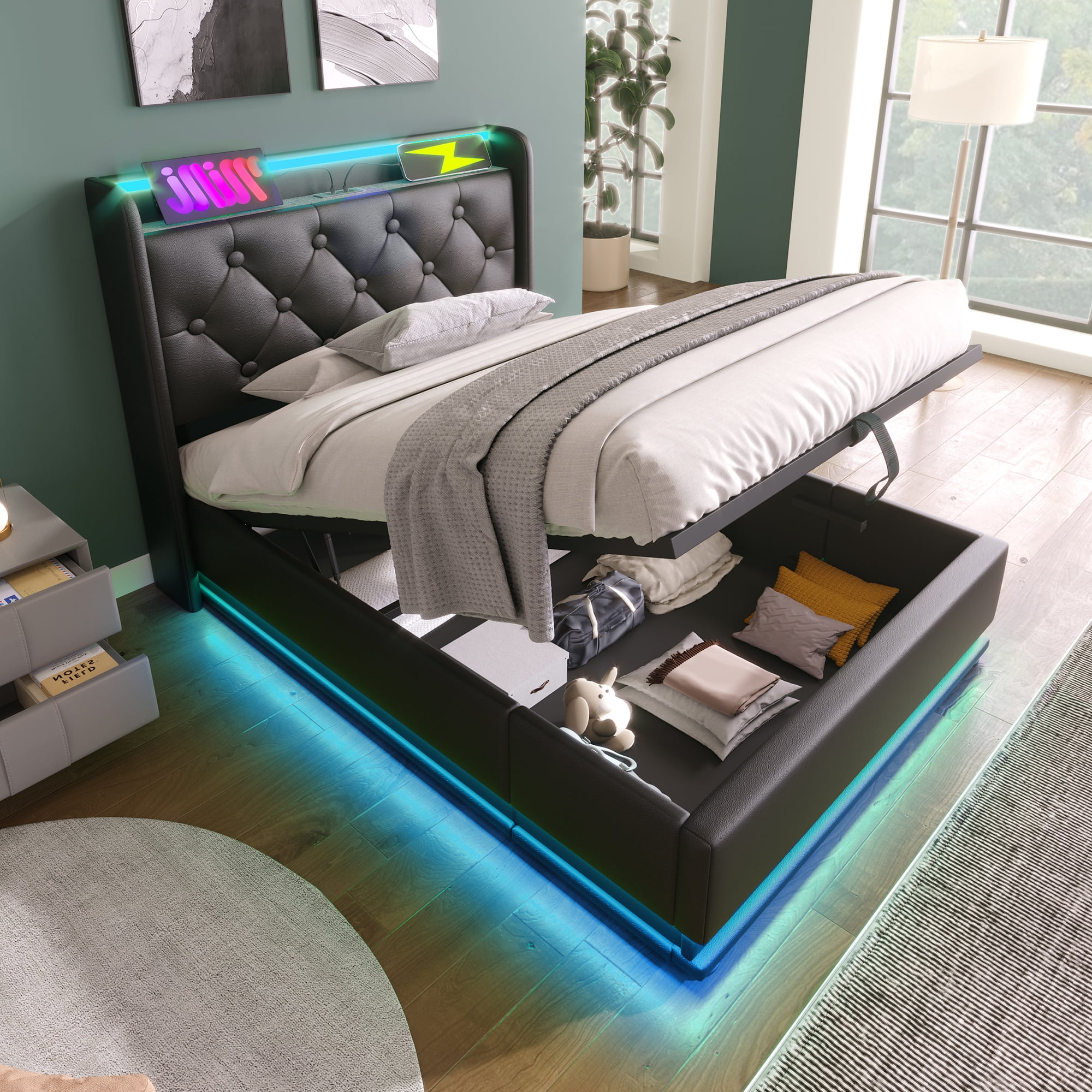 Euroco Upholstered Full Size Platform Bed with Hydraulic Storage, 360 Surround LED Light Linen Bed with USB Charging Station for Kids, Black