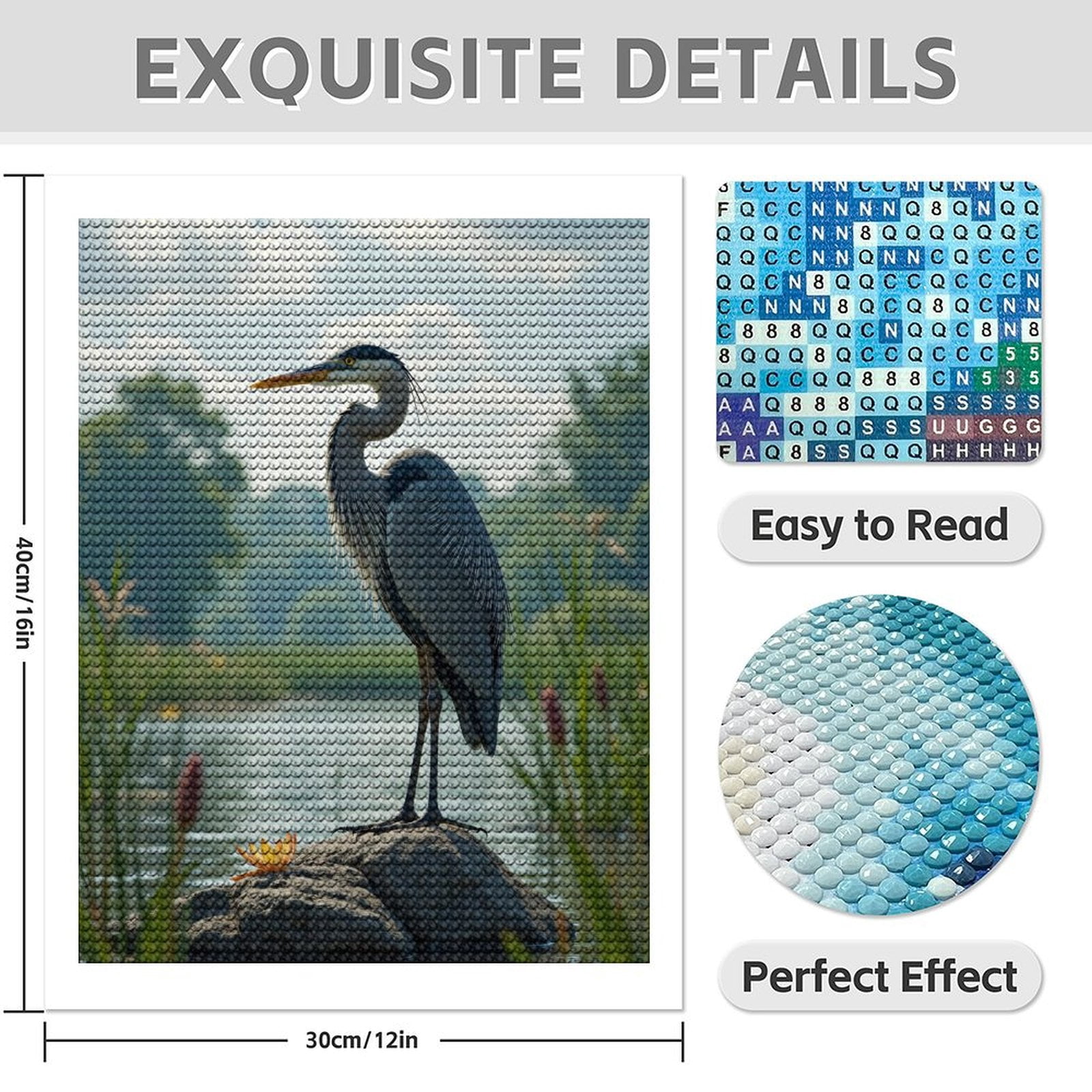 Diamond Art Kit for Adults, Elegant Heron On River Rock Diamond Painting for Adults Beginners, DIY Diamond Art Painting Kits, 5D Diamond Painting Crafts for Home Decor 12x16 Frameless