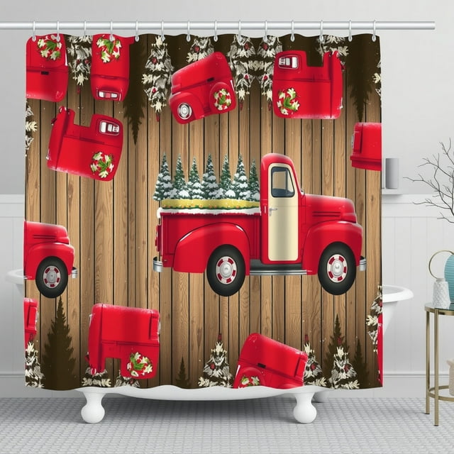 Rideau de Douche Camionnette Rouge Festif avec Arbres de Noël et Neige - Design Planche en Bois Rustique
