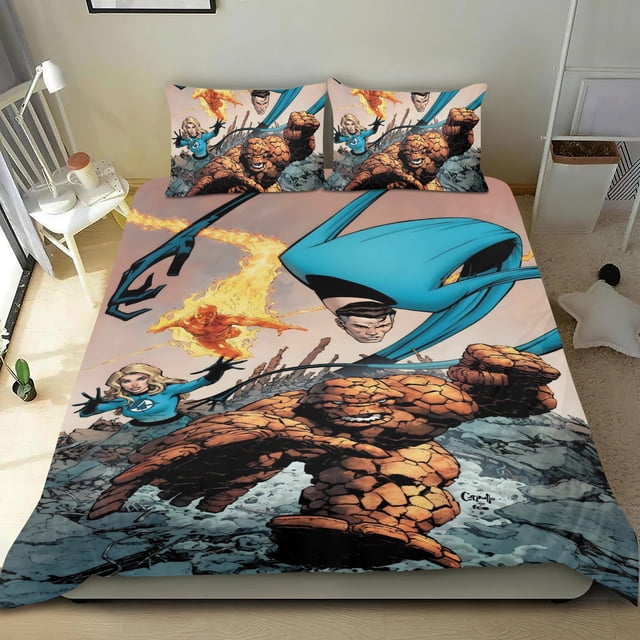 Los Cuatro Fantásticos Conjunto de sábanas temático, trío de piezas, cómodo y amigable con la piel, diseño único, regalo de decoración para el hogar para familiares, amigos y fans, 90 cm * 190 cm