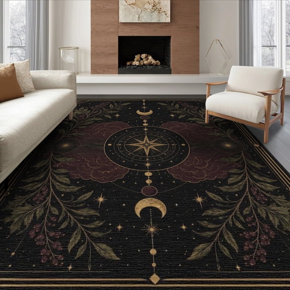 ODIKA 8'x10' Washable Area Rug Black Gold Celestial Compass Botanical Motifs Elegant Geometric Stars Moon for Living Room, Under Sectional, Family , Durable, Non-Slip