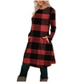 thumbnail image 6 of Pxkloy Plaid Shirt Dresses for Women 2025 Long Sleeve Round Neck Dress Pleated Front Casual Loose Outfits with Pockets Red,XL, 6 of 6