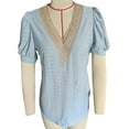 thumbnail image 1 of Blusa de manga corta con encaje y cuello en V para mujer, camisa hueca informal elegante a la moda para fiesta de citas, color azul cielo S, 1 of 3