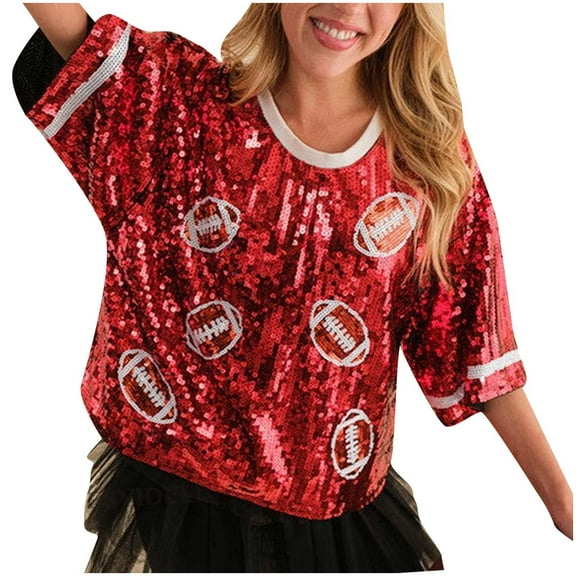 Sequin Tops for Women Party Night Fashion Crew Neck Graphic Print Casual Loose Short Sleeve T Shirts Y2K Blouses (Red,XL)