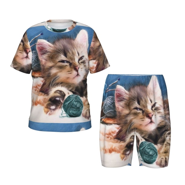 Fotbe Playful Cat Pijama Estampada de 2 Piezas para Niños – Ropa de Dormir de Manga Corta Cómoda para Niños y Niñas, Camiseta y Shorts de Algodón-X-Large