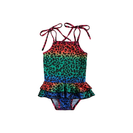 

ZIYIXIN Toddler Baby Girls Bathing Suit Leopard Print Halter Tankini Swimsuits Kids Ruffle Beachwear Bikini Set Blue 2-3 Years