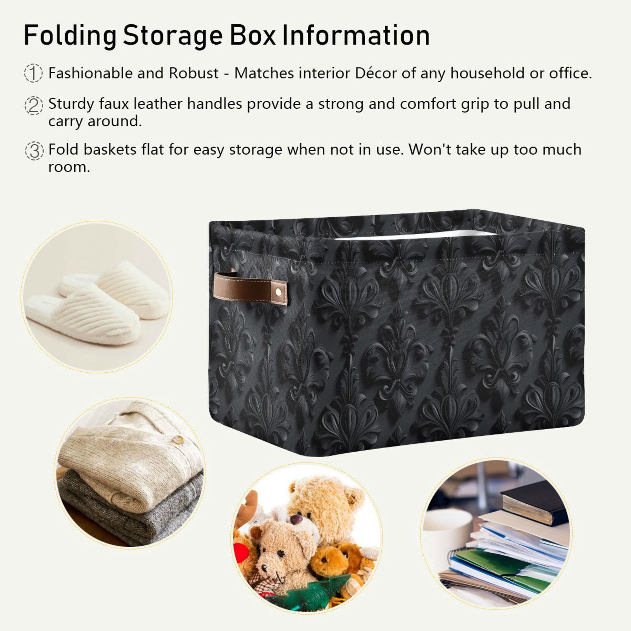 2 Pack Storage Bins with Handle Fabric Organizer Basket Foldable Box 3d Dark Black Damask 14.2x10.2x8.3