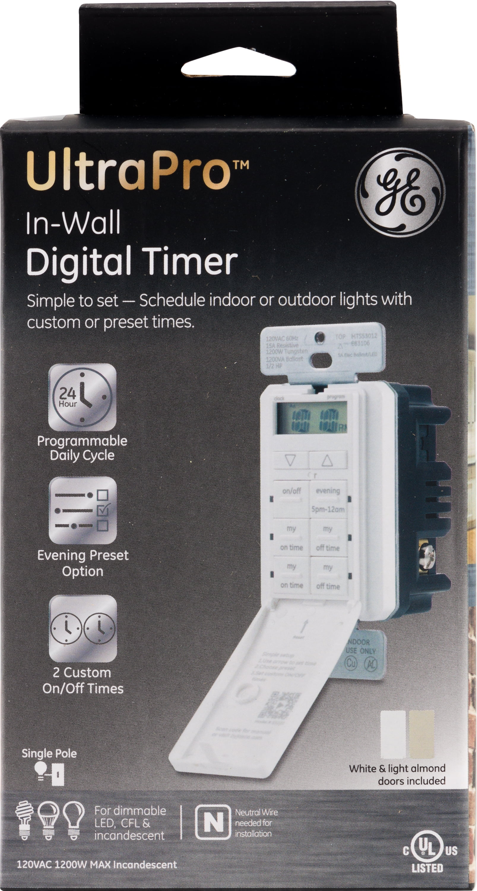 UltraPro 24-Hour Mechanical in-Wall, Dial Timer, 30-Minute Intervals, Push  Pins, Neutral Wire Required, Override Switch, Single-Pole, Ideal for