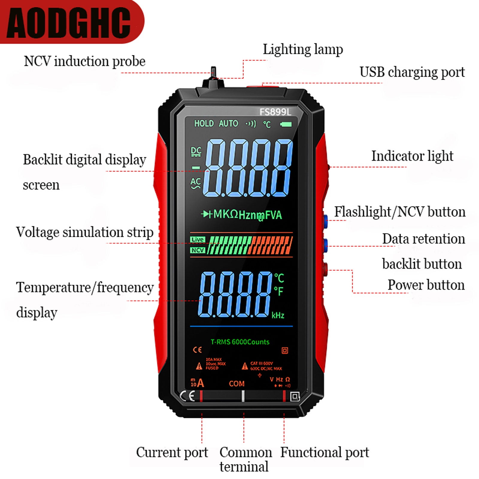 True RMS 6000-Count Digital Voltmeter,USB Rechargeable FS899L Multimeter,Large Color Screen & Backlight,Smart Automotive Electrical Non Contact Voltage Tester