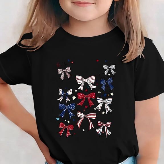 Freshbabe Kids Girls 4Th Of July Coquette Bows Print Short Sleeve Crew Neck T-Shirt, Red White Blue Bow Casual Summer Top For Independence Day,Size3-15