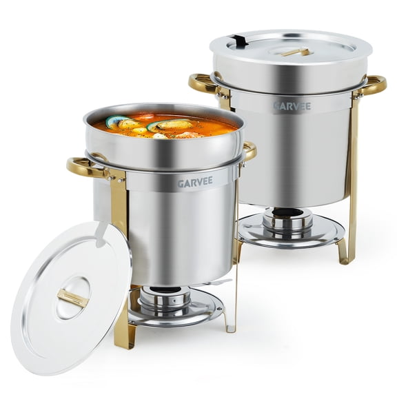 7QT Soup Chafer Sets of 2, Stainless Steel Round Soup Warmer with Pot Lid & Fuel Holder, Commercial Soup Pot Chafing Dish for Catering, Parties, Banquets, Events