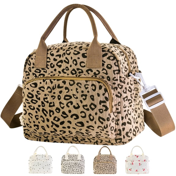 Mziart Insulated Lunch Bag for Women, Soft Corduroy Large Cute Lunch Box Cooler Tote with Adjustable Strap for Work Picnic Camping, 10L Leopard Print