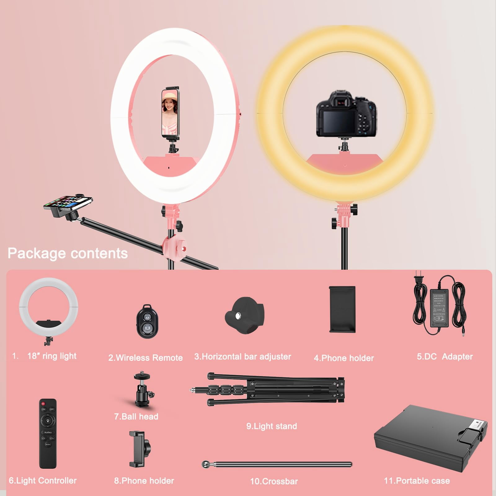 55w18 45cm Ring Light Kit [new Version] 6700k Dimmable Ledringlighttripod Stand Dual Phone Holder For Selfie Makeup Lashtattoo Studio Lighting Painting Photo Video Recording (pink)