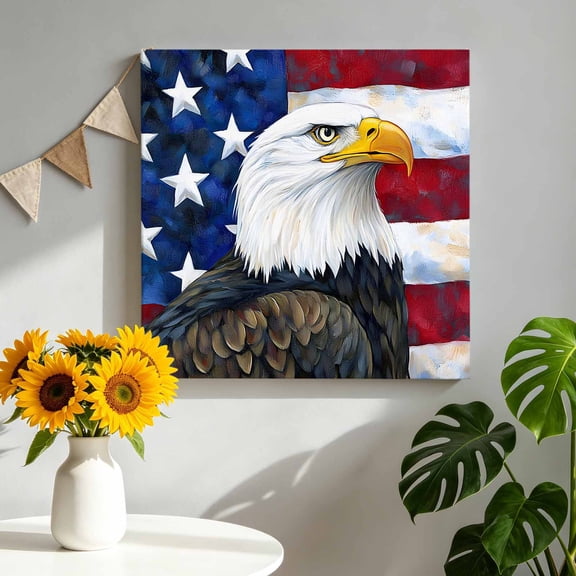 Canvas Wall Art Bald Eagle Canvas Art Print American Flag Pictures Wall Decor for Living Room Bedroom Artwork Decorations Stretched Framed Ready to Hang 8"x8"