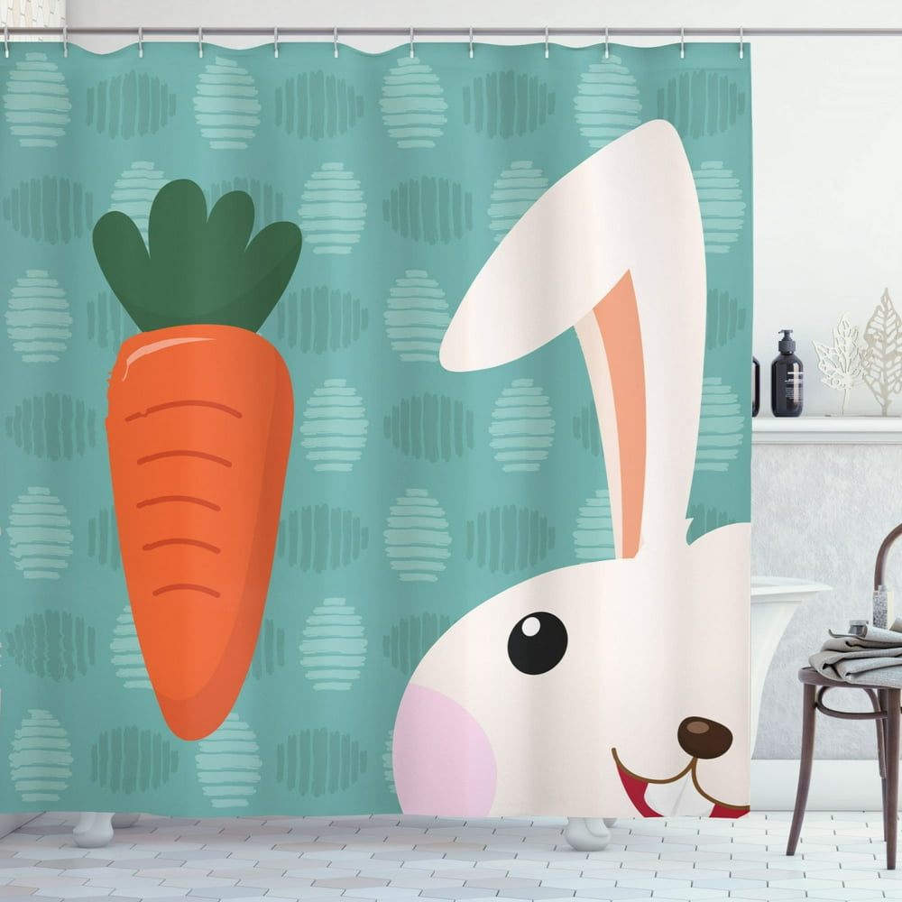 Bunny Shower Curtain, Childish Cartoon with Half Face of a Funny Rabbit ...