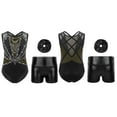 thumbnail image 3 of YiZYiF Girls 3Pcs Gymnastics Dance Suit Sparkle Cross Back Leotard with Shorts Activewear Dancewear Black&Gold 10, 3 of 4