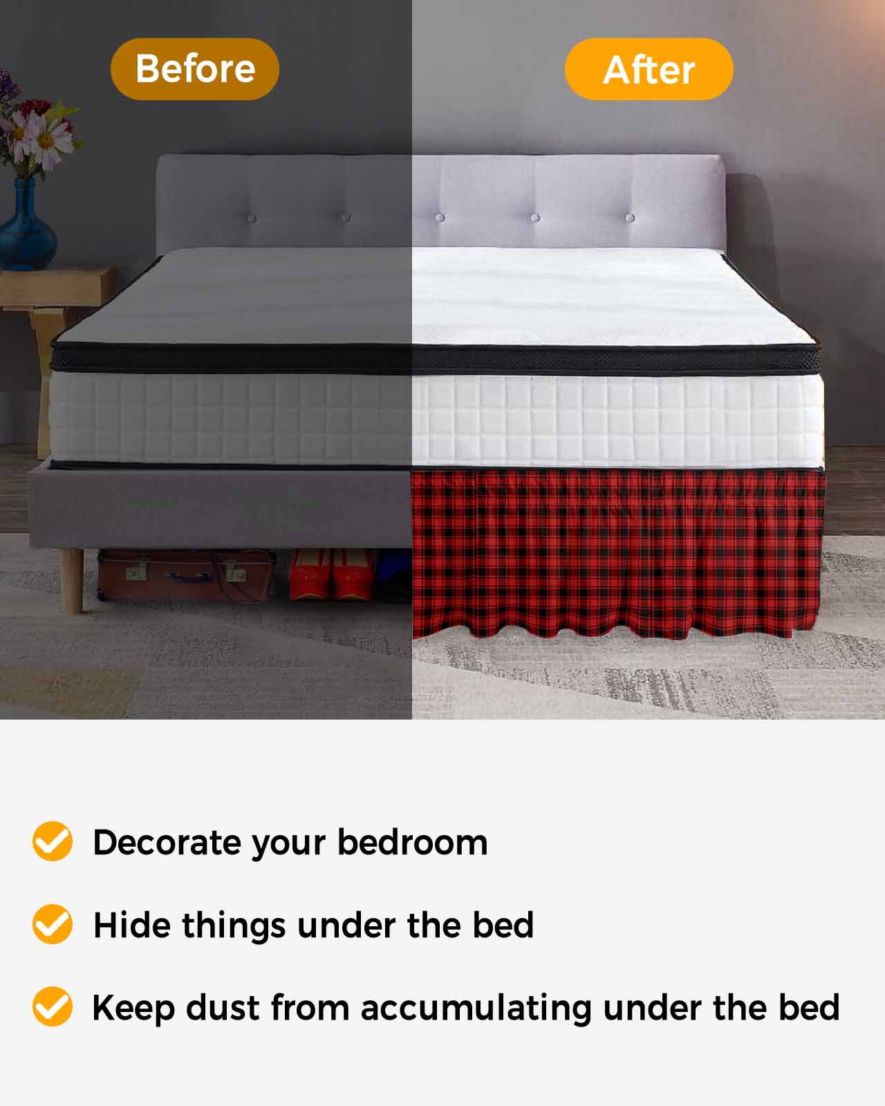 Red Black Plaid Wrap Around Bed Skirts for Queen Bed 16" Drop,Bed Skirt with Adjustable Elastic Belt Bedroom Dust Ruffle Bed Valance Hotel Vintage Farmhouse Abstract Buffalo Check Bed Frame Cover