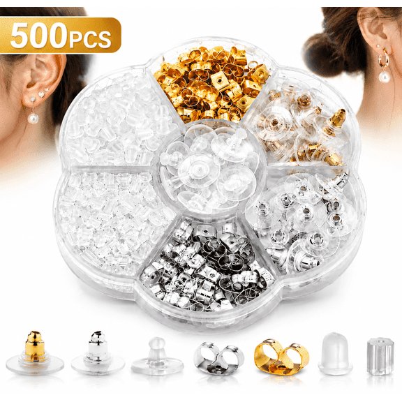 7 Styles 500PCS Earring Backs for Studs, Clear Plastic Hypoallergenic Metal Rubber Silicone Earring Backs Bullet Clutch Stoppers Replacement Kits for Fish Hook Earring Studs Hoops