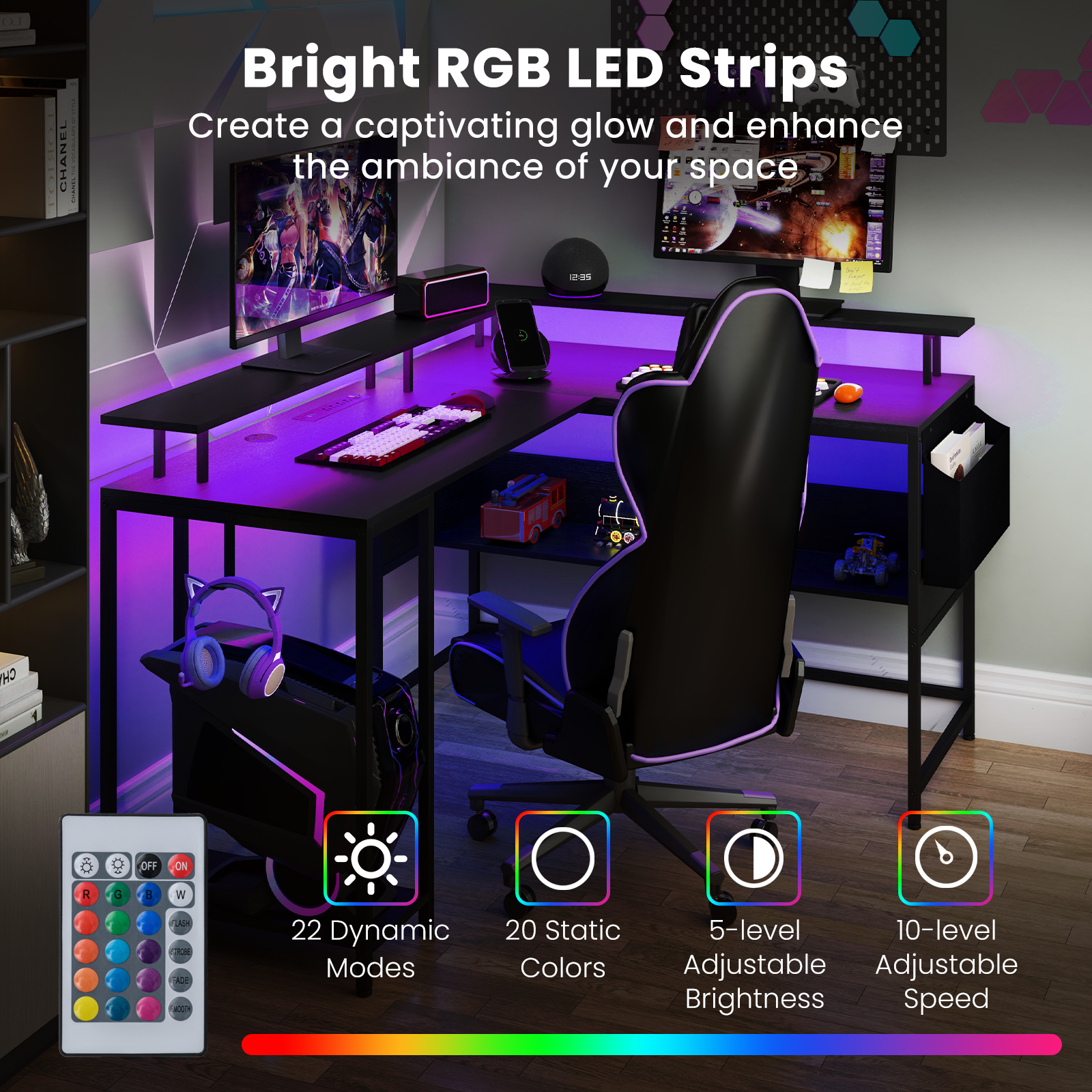 Gymax L-Shaped Gaming Desk w/ LED Lights & Power Outlets Monitor Stand Fabric Bag