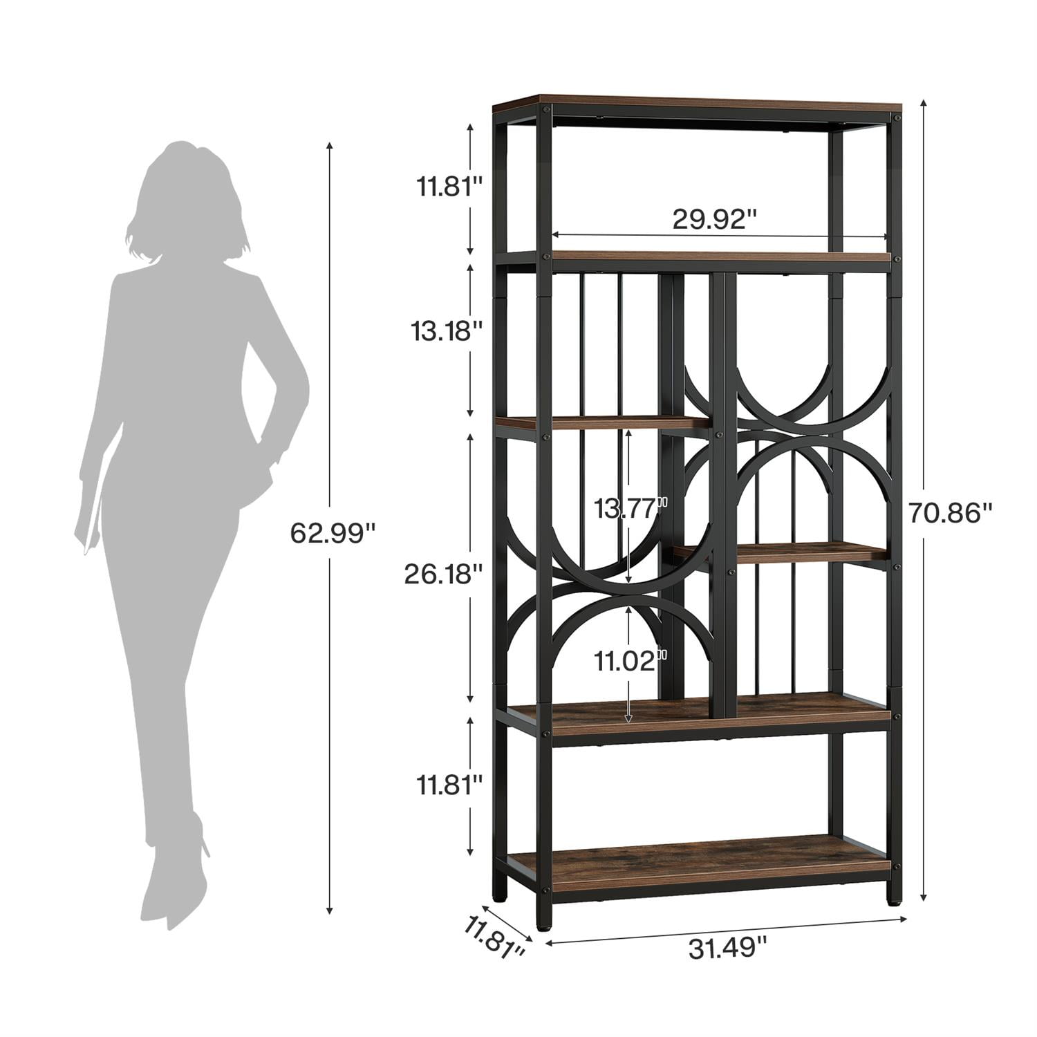 Demi Bonn 70" Industrial Metal & Wood Bookcase, Sturdy Multi-Level Display Shelf, Stylish Decorative Storage Rack for Home Office, Brown